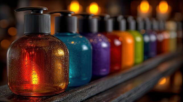 Row of colorful bottles with black caps on a wooden surface.