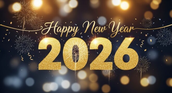 Happy new year 2026 celebration with sparkling golden glitter