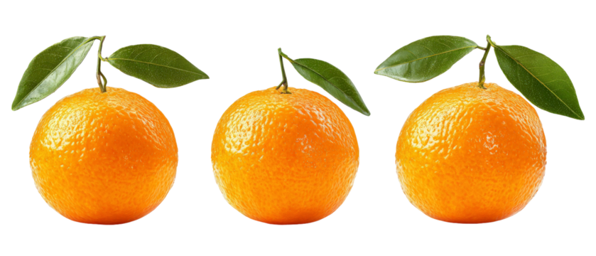 Three vibrant oranges with green leaves arranged in a row, showcasing their fresh texture and color, ideal for food photography or healthy lifestyle content