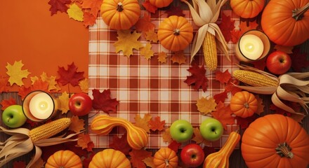 An autumn harvest flat lay with pumpkins, gourds, apples, corn, and candles on a checkered tablecloth.