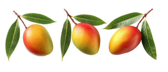 A vibrant arrangement of three ripe mangoes with green leaves, showcasing their rich colors and textures, ideal for culinary presentations or tropical-themed designs