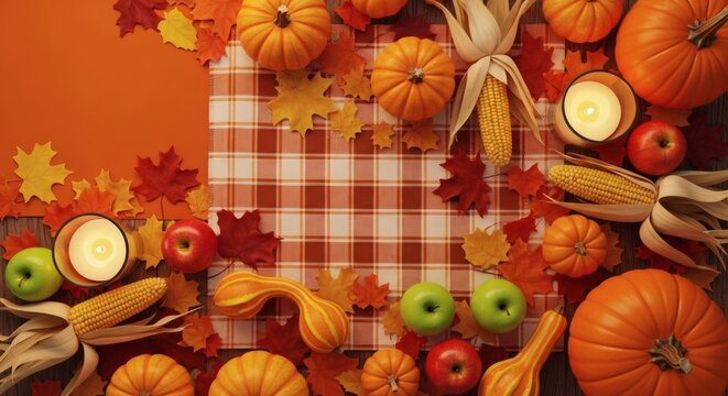 An autumn harvest flat lay with pumpkins, gourds, apples, corn, and candles on a checkered tablecloth.
