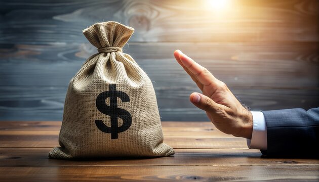 Hand Refusing Burlap Money Bag with Dollar Sign on Wooden Table, Symbolizing Rejection of Bribery