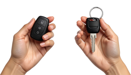 Pair of Hand Holding Car Key Variations isolated on transparent background