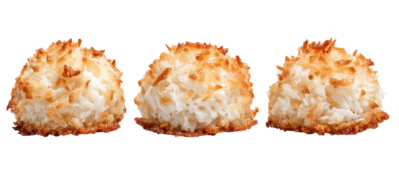 A close-up view of three golden-brown coconut macaroons arranged in a row, highlighting their texture and shape against a clean white background, ideal for dessert menus or baking blogs