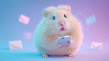 Fluffy beige hamster holding smartphone with open mouth on soft blue gradient background. Concept of communication, technology, and cute animal emotion