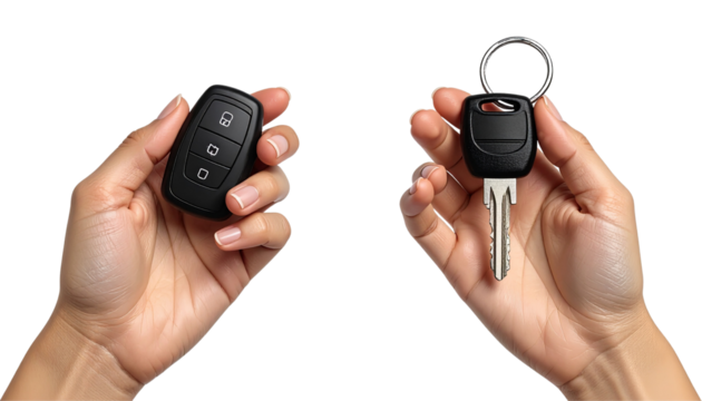 Pair of Hand Holding Car Key Variations isolated on transparent background - Powered by Adobe