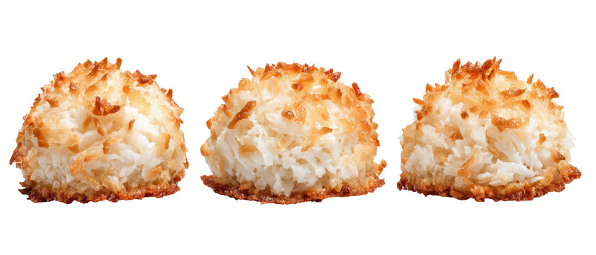 A close-up view of three golden-brown coconut macaroons arranged in a row, highlighting their texture and shape against a clean white background, ideal for dessert menus or baking blogs