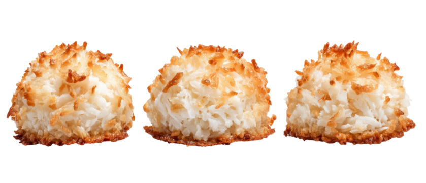 A close-up view of three golden-brown coconut macaroons arranged in a row, highlighting their texture and shape against a clean white background, ideal for dessert menus or baking blogs