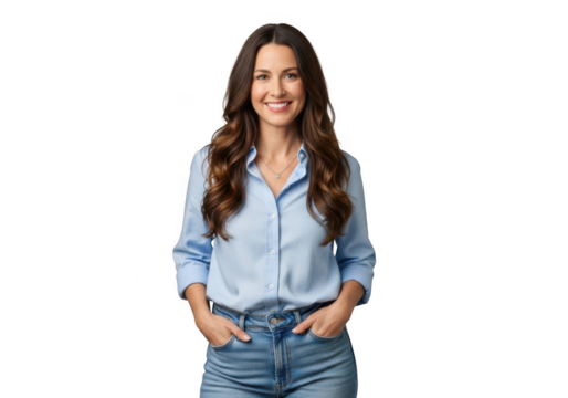 Smiling woman with long brown wavy hair wearing a blue buttonup shirt and jeans, standing with hands in pockets - Powered by Adobe