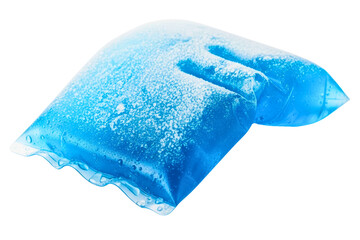 Reusable blue gel cold pack covered with ice and frost on a transparent background