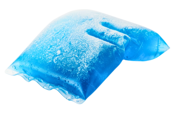 Reusable blue gel cold pack covered with ice and frost on a transparent background