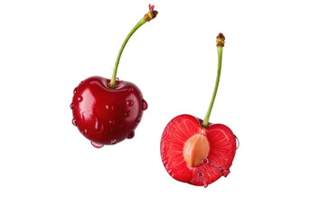 One whole, one halved vibrant red cherry in a dynamic splash of translucent red liquid, frozen mid-air against a transparent studio background. Concept of bursting freshness and juiciness