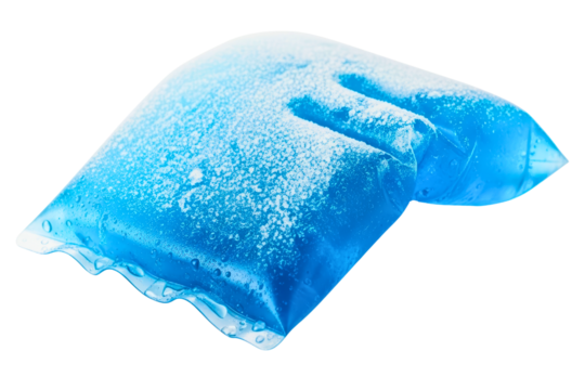 Reusable blue gel cold pack covered with ice and frost on a transparent background