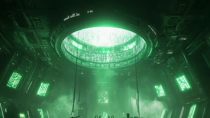 Sci fi industrial server room with glowing green data - Powered by Adobe