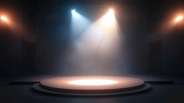 Empty Stage Lit By Spotlights With Smoke Effects And Circular Platform Ready For Performance In Dimly Lit Auditorium