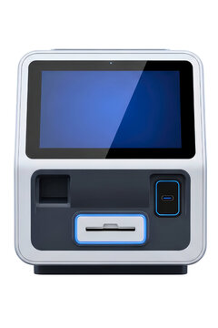 Modern self-service payment terminal with touch screen and card reader on a transparent background