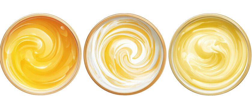 Three bowls of creamy yellow mixtures, showcasing different textures and swirls, set against a clean background, ideal for culinary presentations or food-related content