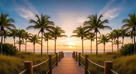 Naklejka premium Wooden boardwalk leads to a beautiful beach at sunrise in florida
