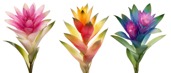 A vibrant display of three exotic flowers showcasing a range of colors from pink to blue, set against a transparent background, perfect for botanical illustrations or floral designs