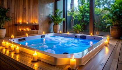 Relaxing Hot Tub Experience with Candlelight and Lush Greenery.