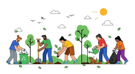 Fototapeta premium Diverse Group Volunteers Cleaning Up Environment Illustration.