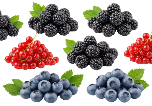 Assorted piles of glistening red currants, velvety blackberries, plump blueberries, green leaves, sharp macro focus, white background, concept of healthy organic food