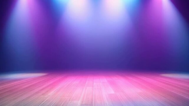 Empty Stage With Blue And Purple Spotlights Shining Down On A Wooden Floor Creating A Moody Atmosphere