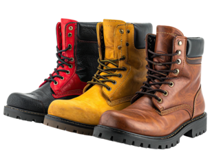 Three work boots red, yellow, and brown on a black background