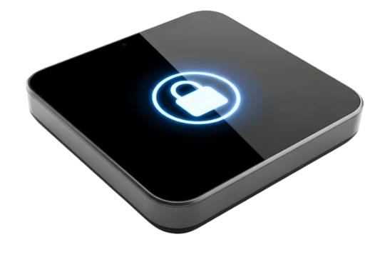 Smart home security device with a glowing blue lock symbol on a transparent background