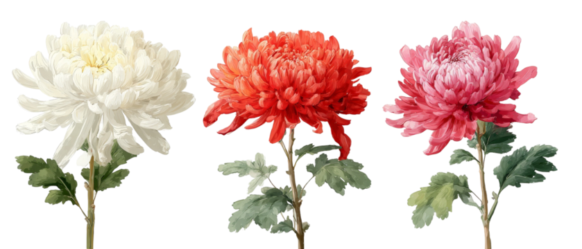 A vibrant display of three blooming chrysanthemums in shades of white, red, and pink, surrounded by lush green leaves, perfect for floral arrangements or botanical illustrations