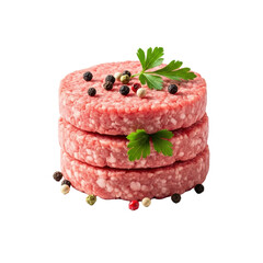 Three perfectly formed raw ground lamb patties stacked, with a green parsley sprig and scattered peppercorns on a transparent background, soft studio light. Appetizing presentation of premium raw