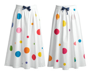 White skirt with colorful polka dots and a blue ribbon bow