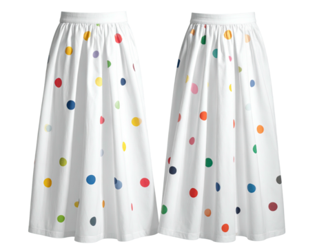 White skirt adorned with colorful polka dots viewed from two sides