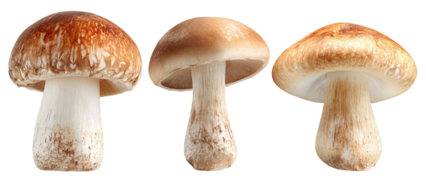 Three varieties of mushrooms displayed in a row, showcasing their distinct shapes and colors against a clean background, ideal for culinary or nature-related uses