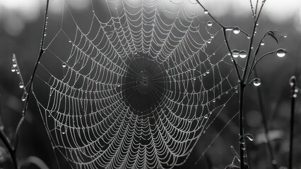 Dew-kissed spiderweb in grayscale