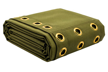 Folded green waterproof tarpaulin with metal grommets on a transparent background