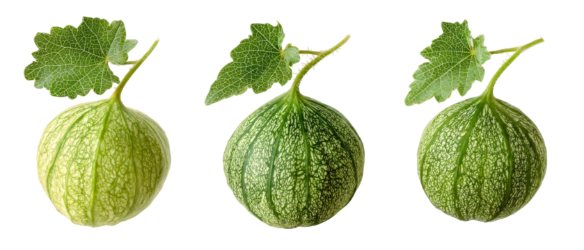 Three stages of a melon?s growth displayed side by side, showcasing the transition from unripe green to ripe green, with detailed textures and vibrant colors against a clean background