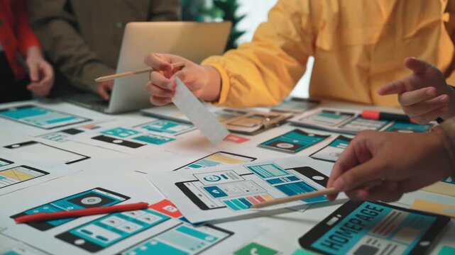 A diverse team collaborates on website design planning, showcasing prototypes and wireframes on the table, embodying creativity and teamwork in a modern office setting. SACTR