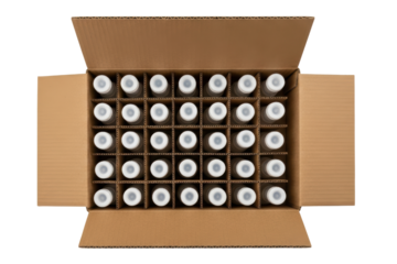 Open the shipping box full of small glass vials in cardboard cells on a transparent background