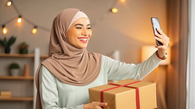 Young woman in hijab smiling while holding wrapped gift and recording social media content with smartphone as content creator blogger and social PR present in cozy warm lit room shelf background