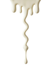 Luscious, creamy white chocolate syrup, thick, glossy, flowing downwards with spherical drops on a transparent studio background with copy space, soft light, concept for luxury food marketing