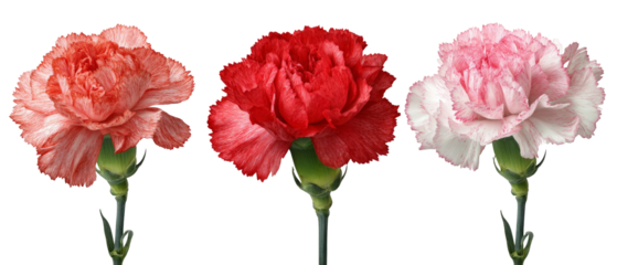 Three vibrant carnations in shades of red, pink, and white, elegantly arranged against a transparent background, showcasing their delicate petals and lush green stems, ideal for floral designs