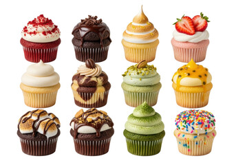 Twelve distinct gourmet cupcakes, artfully arranged on a transparent background with copy space, photorealistic, close-up, shallow depth of field, concept of delicious indulgence