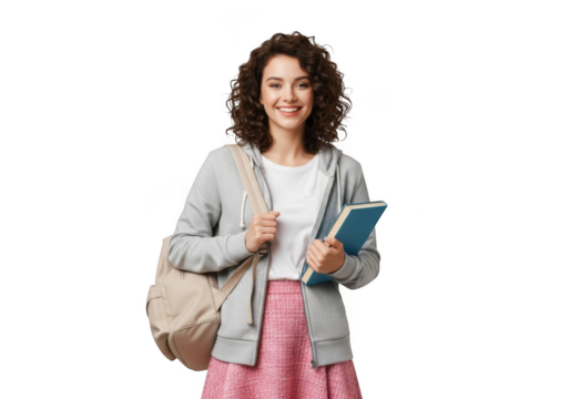 Smiling young woman with curly brown hair, wearing a grey hoodie and pink skirt, holding a book and a backpack