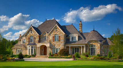 new construction of mediterranean-style house with intricate details and stone exteriorA unique modern houese design featuring an asymmetrical facade