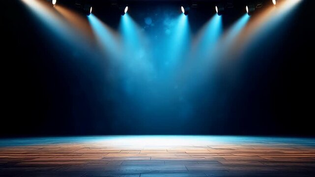 Empty Stage With Spotlight Beams Illuminating The Wooden Floor And Dark Blue Background With Particles