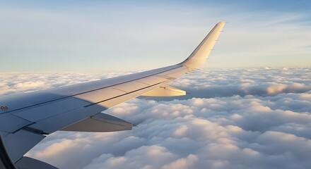Fototapeta premium Airplane wing over clouds, aerial view of a plane flying above a sea of fluffy clouds.