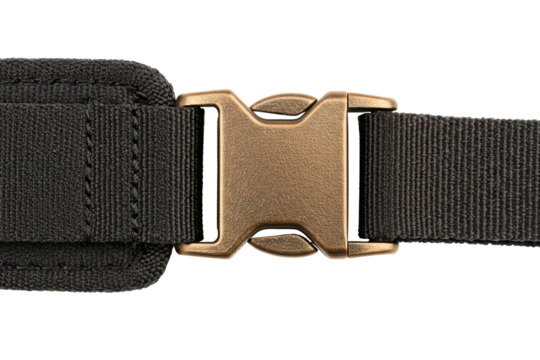 Bronze metal quick-release buckle on a black webbing strap on a transparent background