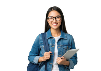 Young asian female student wearing glasses and denim jacket, holding a tablet and backpack